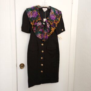 Talbots Vintage Richard Warren Black & Floral Button Front Dress